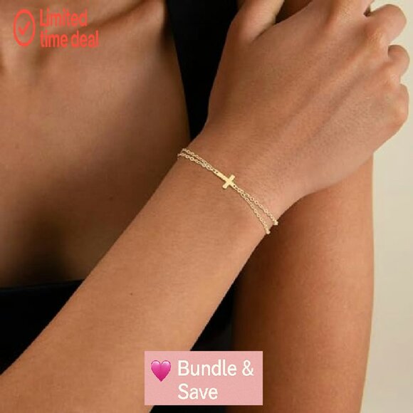 14K Gold Plated Cross Bracelet with Pearl Beads, Adjustable 9 Inch - Picture 4 of 7